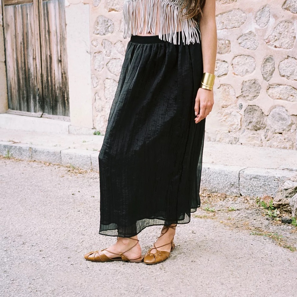 New ZARA WRINKLED EFFECT MIDI SKIRT Elegant Black Maxi Skirt Sz M